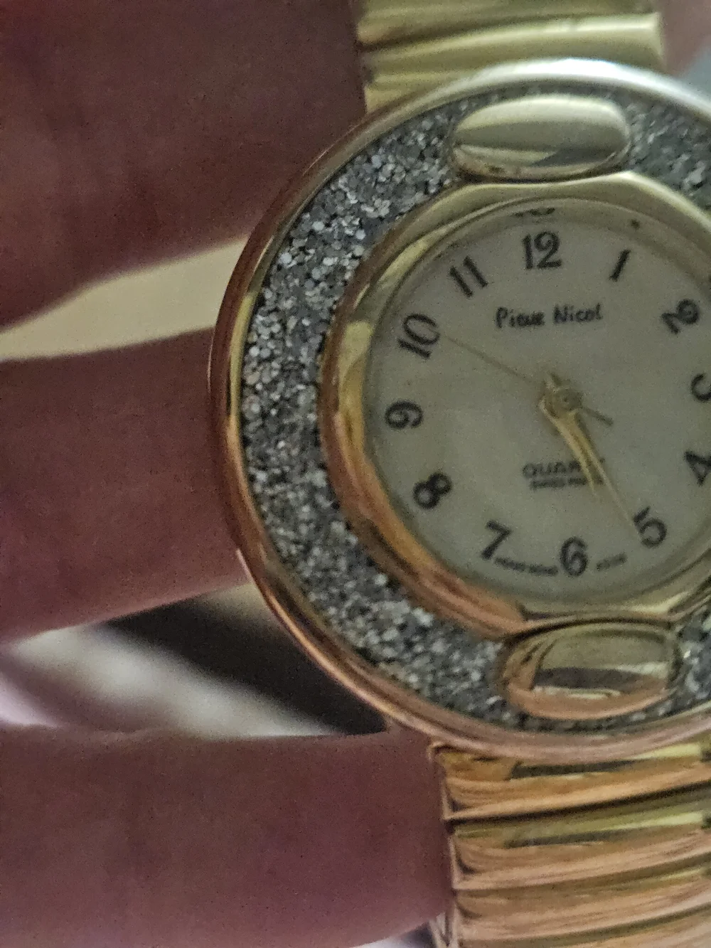 Vintage Pierre Nicol Gold Tone Quartz Stretch Bracelet Watch | Rhinestone Bezel